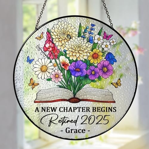 Personalized Retirement Stained Glass Suncatcher - Custom Name Floral Decor