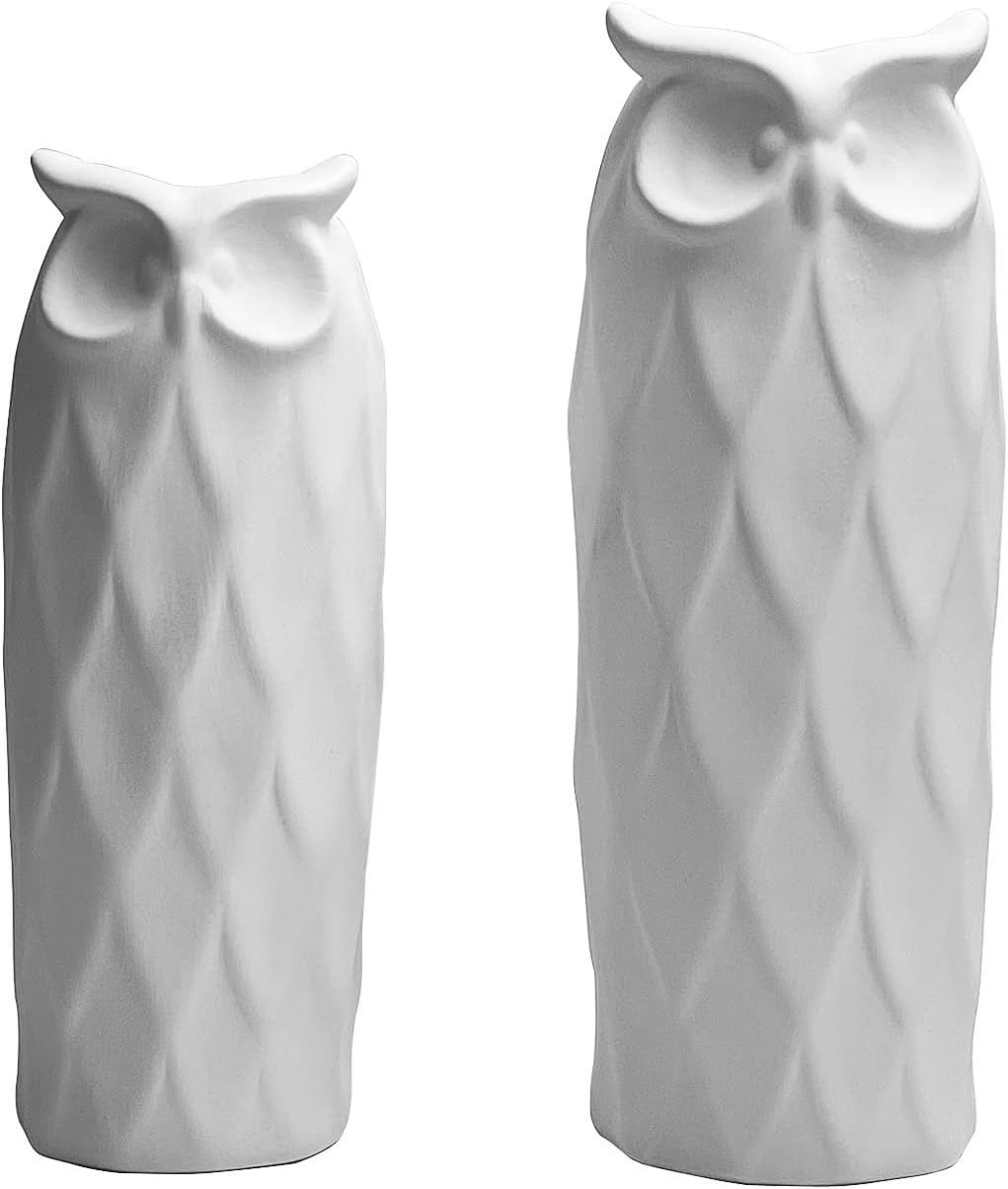 Owl Ceramic Vase Set of 2 Modern White Decor