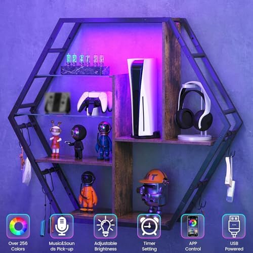 Gaming Shelf with RGB Lights and Hooks - Rustic Brown