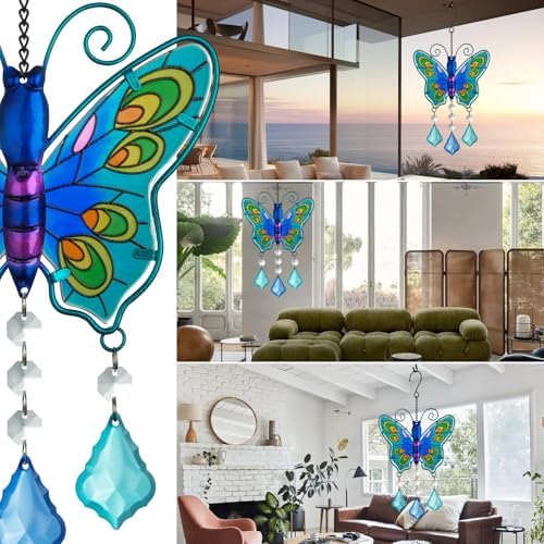 Butterfly Stained Glass Suncatcher with Chain Blue Decor