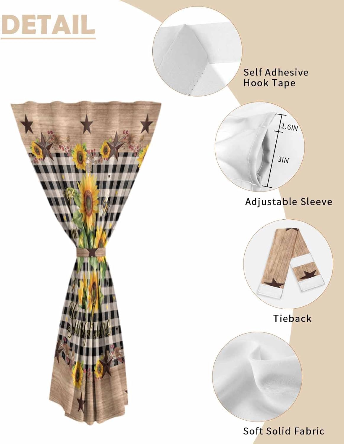 Sunflower Plaid Self Adhesive Portable Curtains for Windows