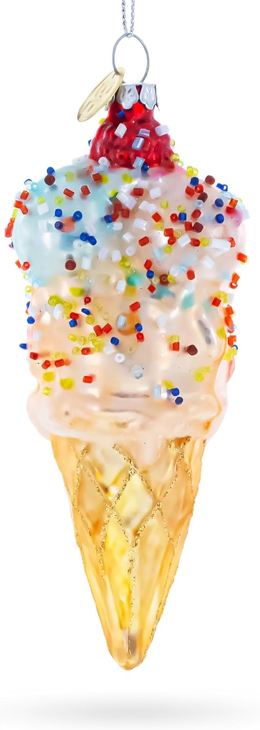 Sprinkled Ice Cream Cone Christmas Glass Ornament
