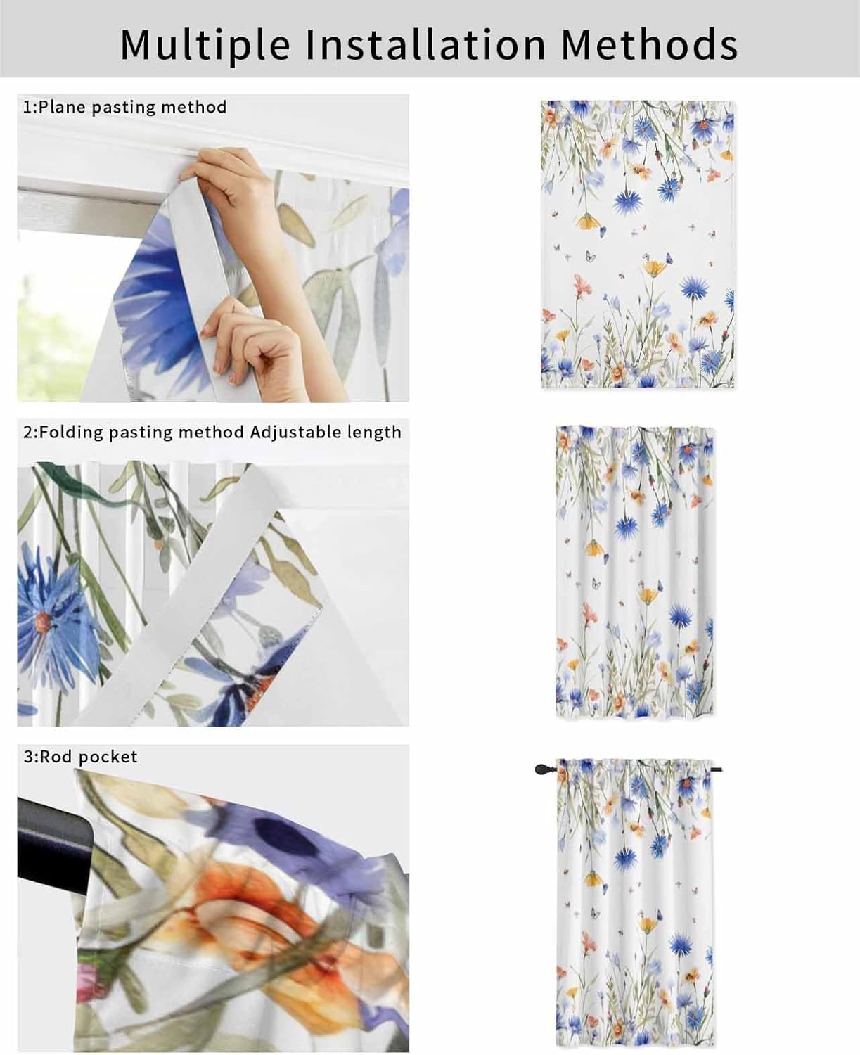 Spring Floral Self Adhesive Portable Curtains for Windows