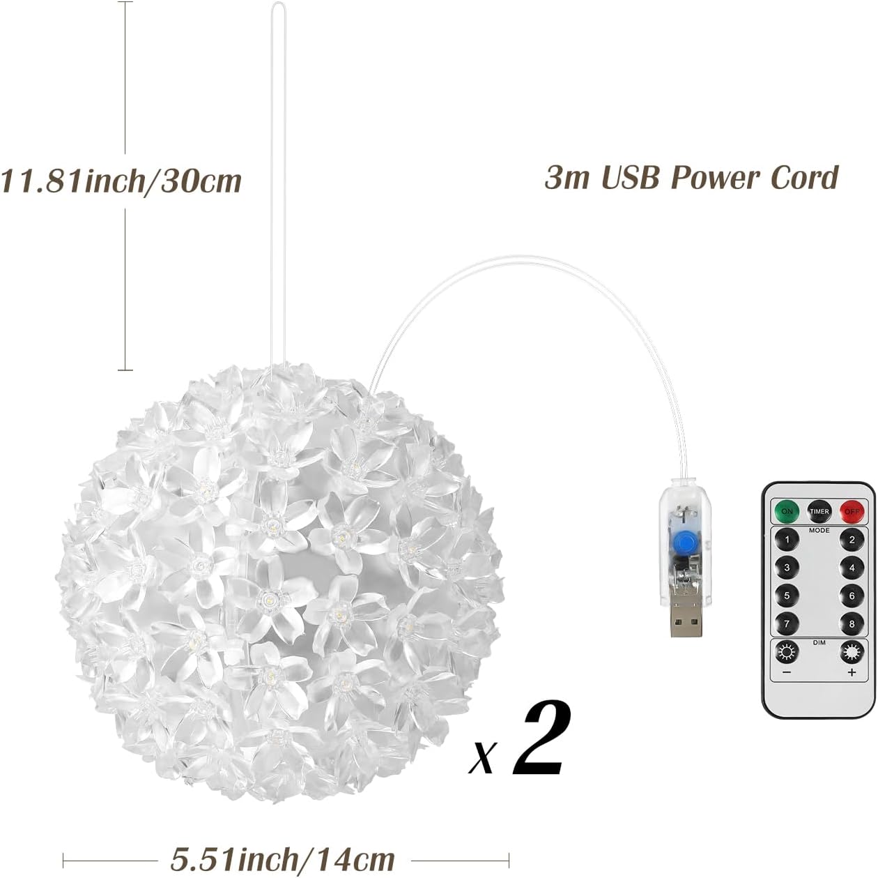 2 Pack USB Cherry Blossom Sphere Lights with Timer