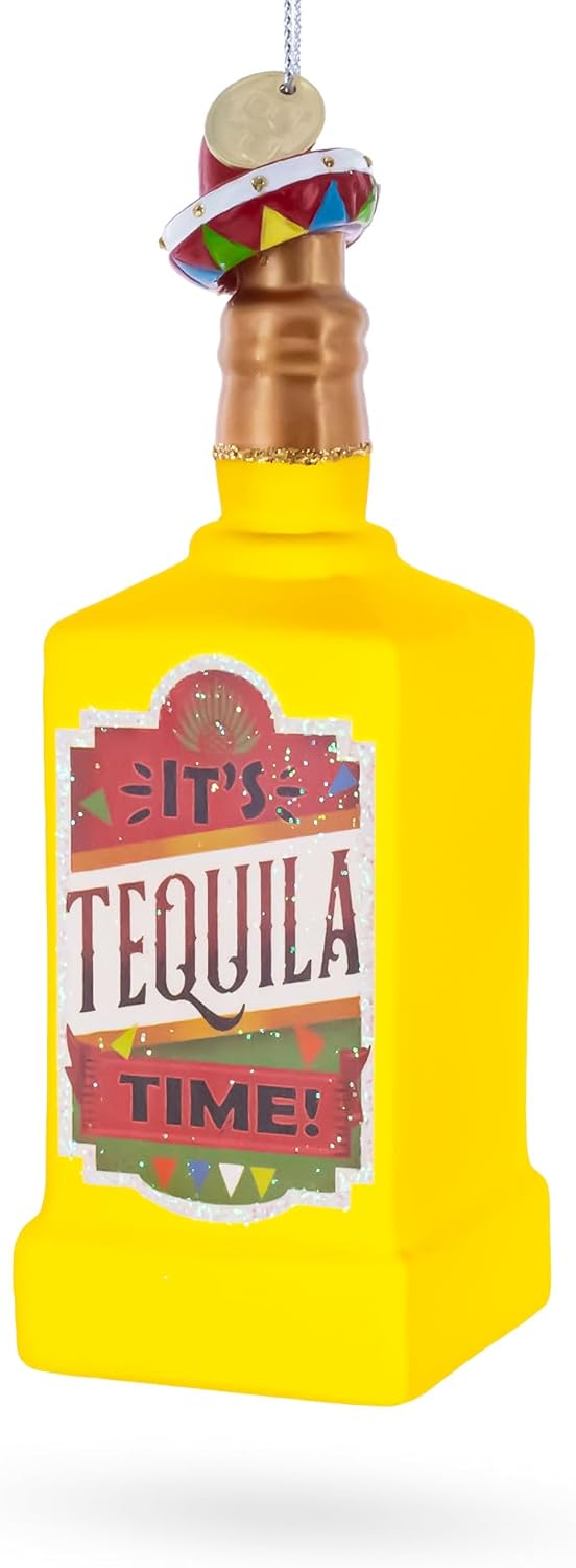 Tequila Bottle with Sombrero Blown Glass Christmas Ornament 1