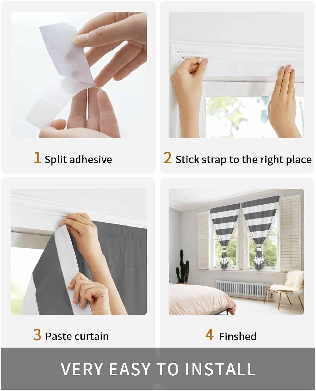 Grey Stripes Self Adhesive Portable Curtains for Windows
