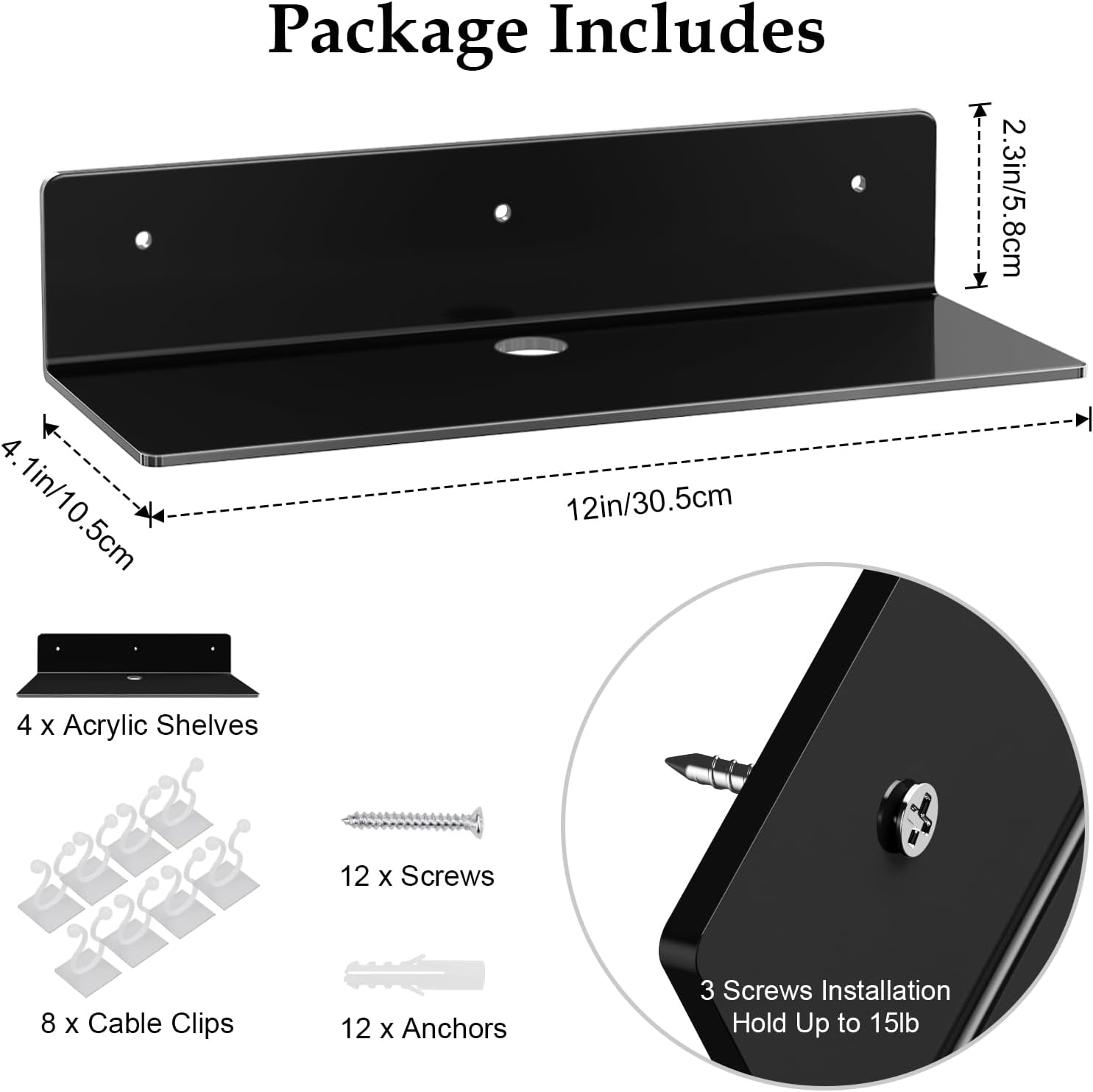 12 Inch Black Acrylic Floating Shelves 4 Pack