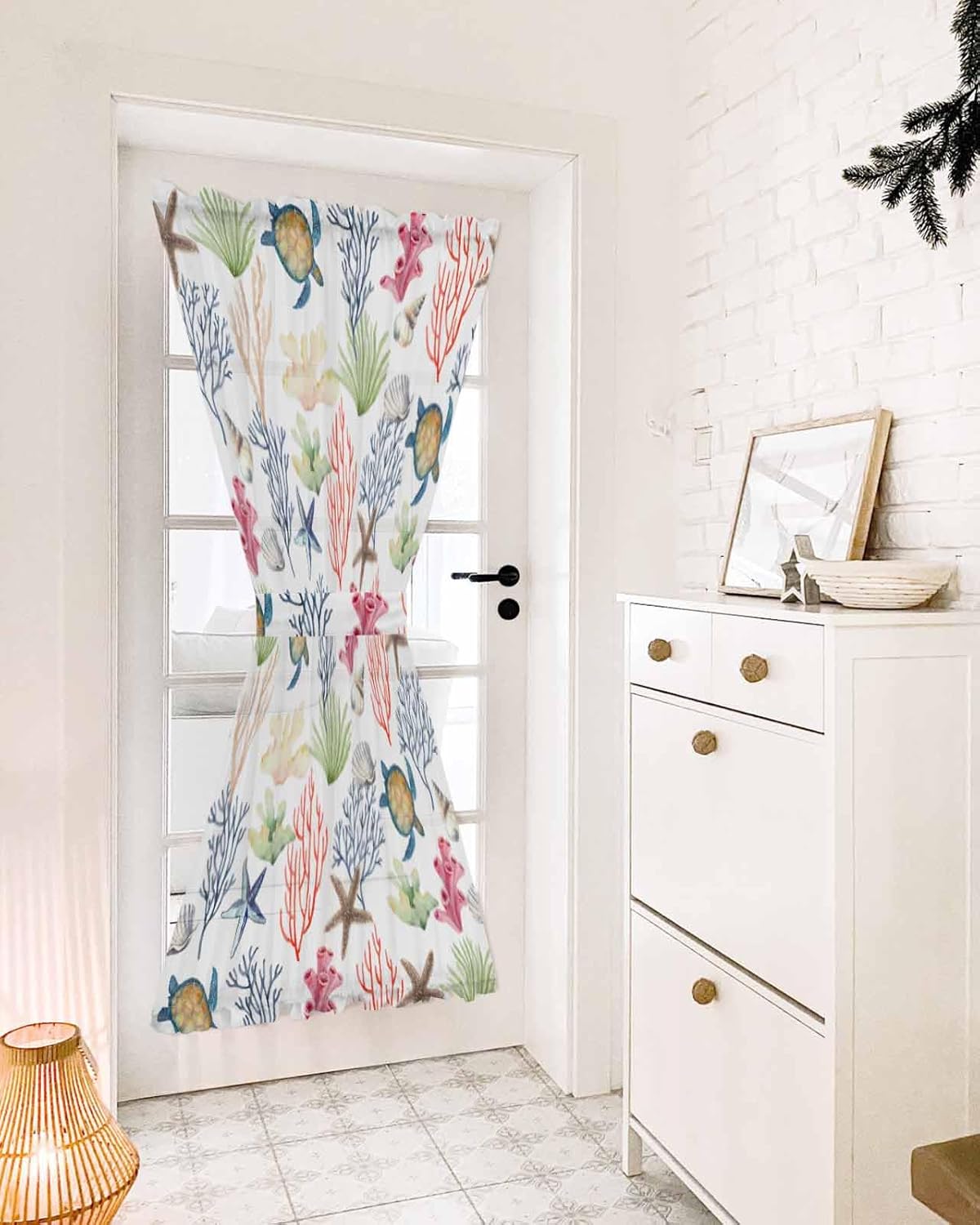 Summer Ocean Coral Front Door Curtain with Tiebacks