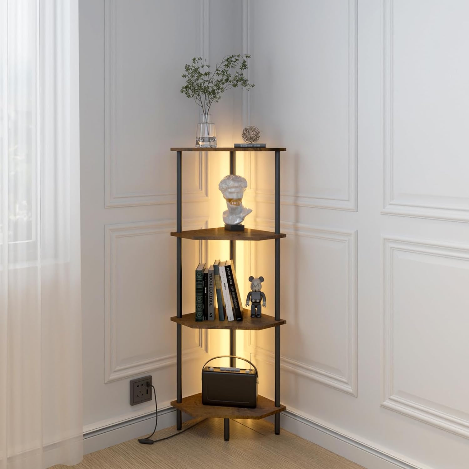 4 Tier Corner Shelf with LED Light and Storage