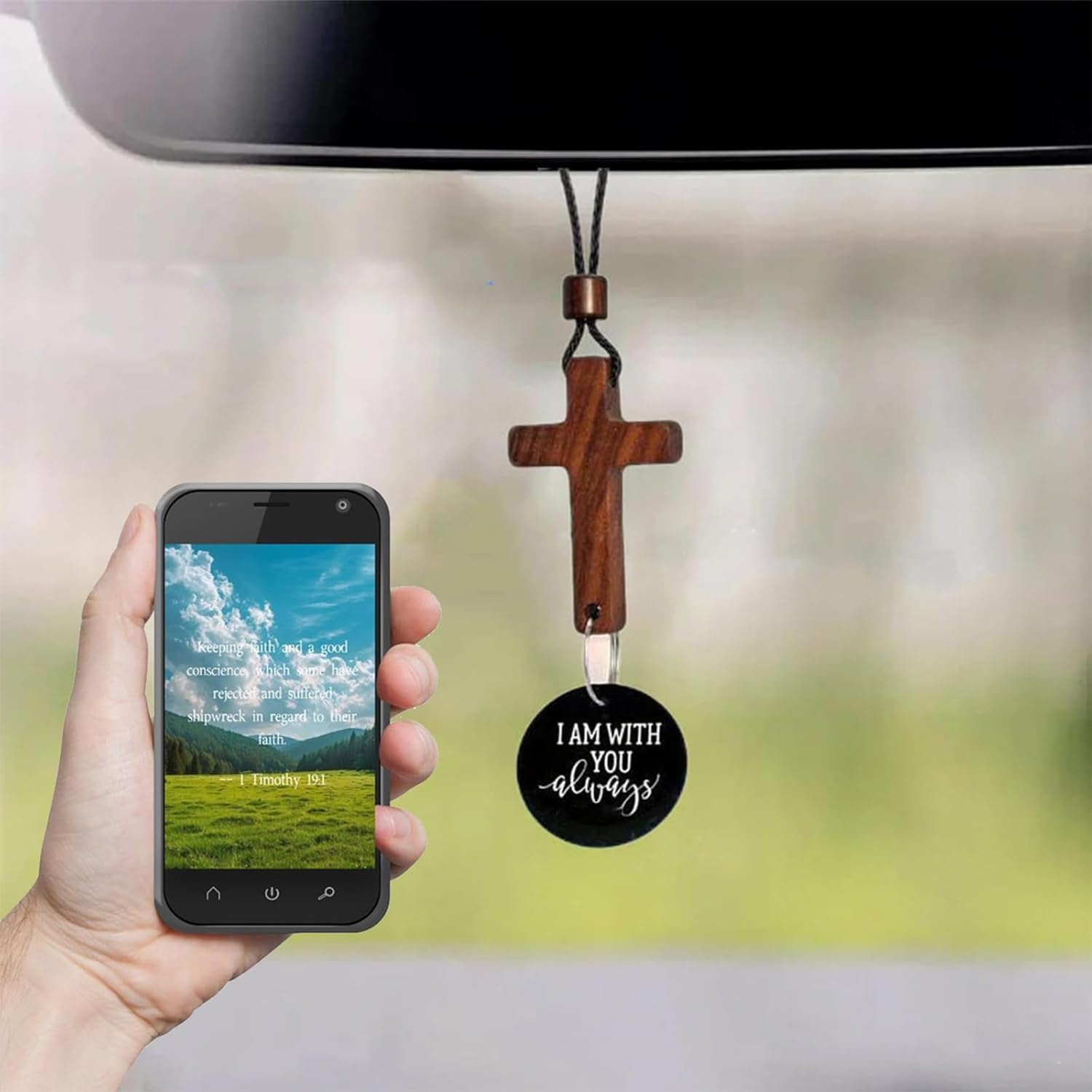 Bible Verse Car Rearview Hanging Cross Ornament - Black