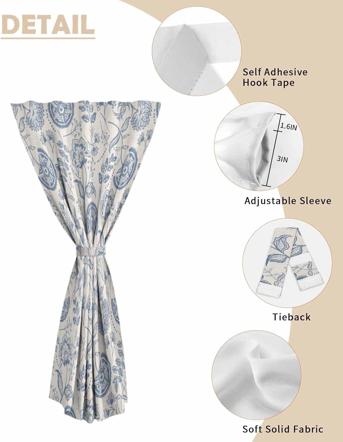 Yomandocix Spring Floral Self Adhesive Curtains 59x63 Inches