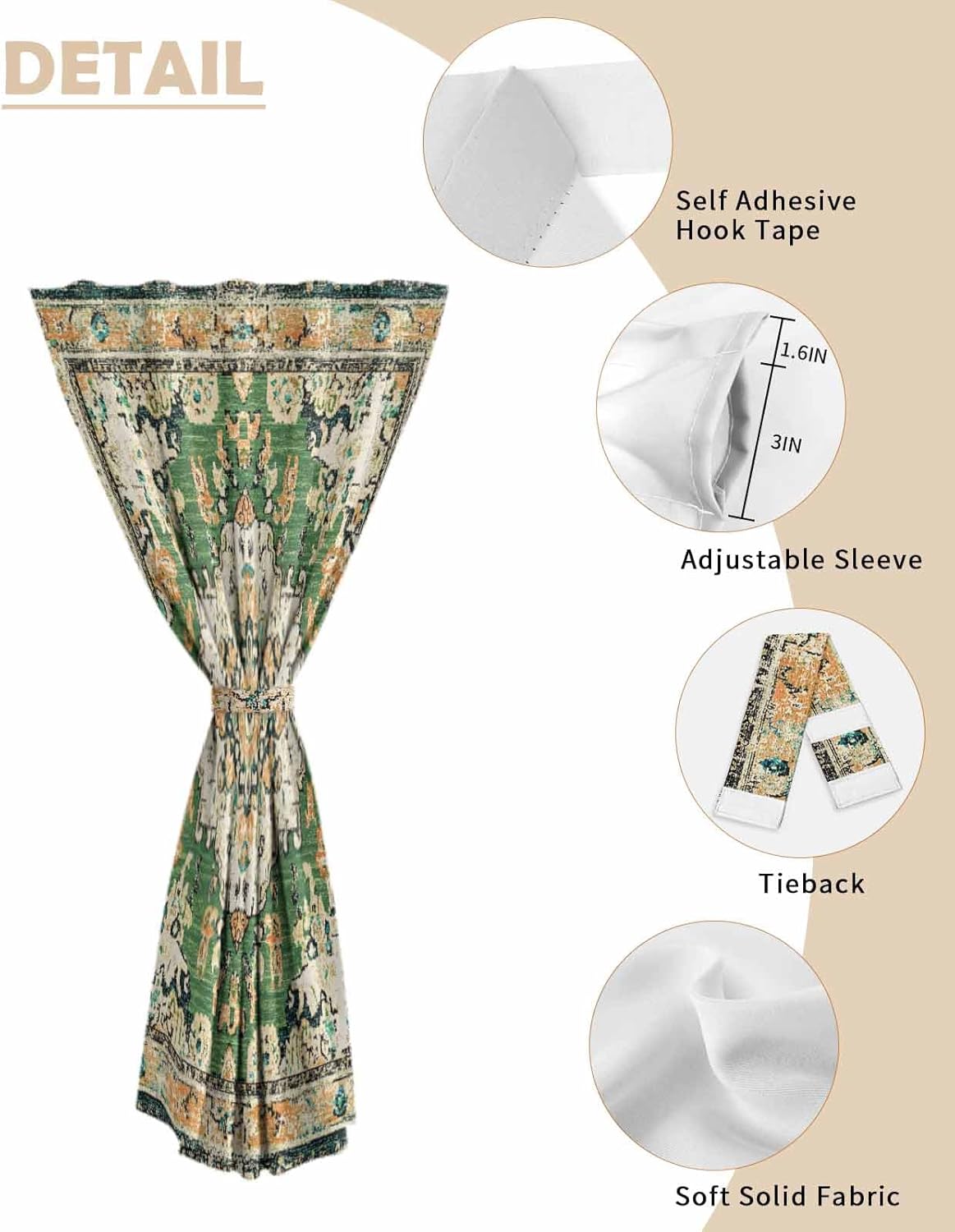 Green Boho Self Adhesive Blackout Curtains 47x63 Inches