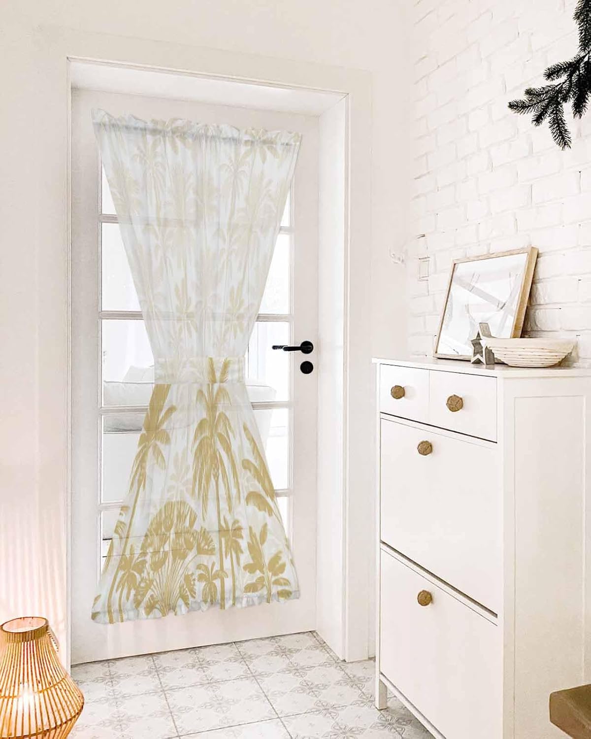Beige Palm Tree French Door Curtain with Rod Pocket