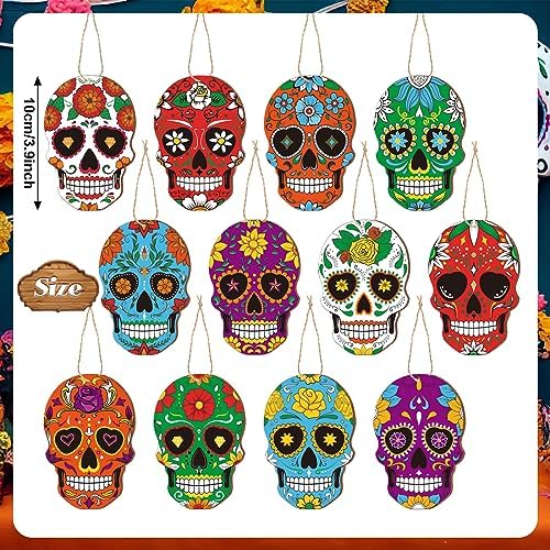 Hoteam 36 Pcs Day of the Dead Skull Wooden Hanging Ornaments