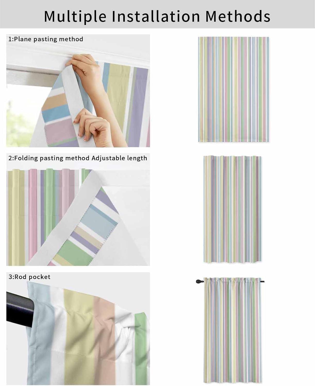 Rainbow Striped Self Adhesive Curtains for Windows 59x84 Inches