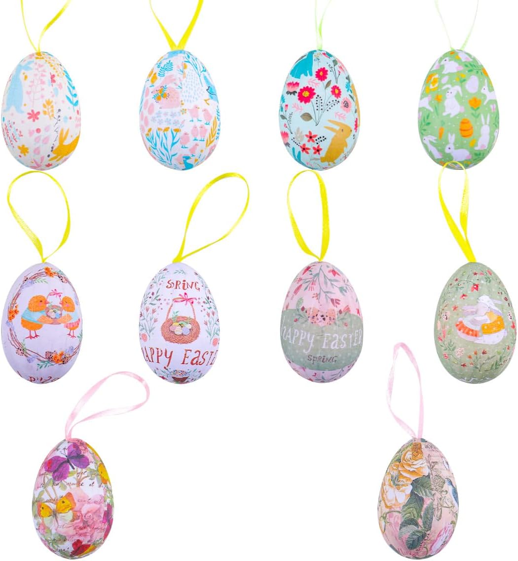 24PCS Easter Egg Ornaments with Floral Pattern and Hanging Ribbons