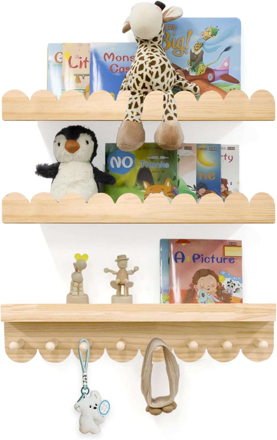 Floating Nursery Book Shelves with Hooks - Set of 3 20 Inches