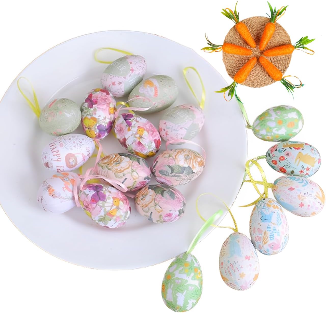 24PCS Easter Egg Ornaments with Floral Pattern and Hanging Ribbons