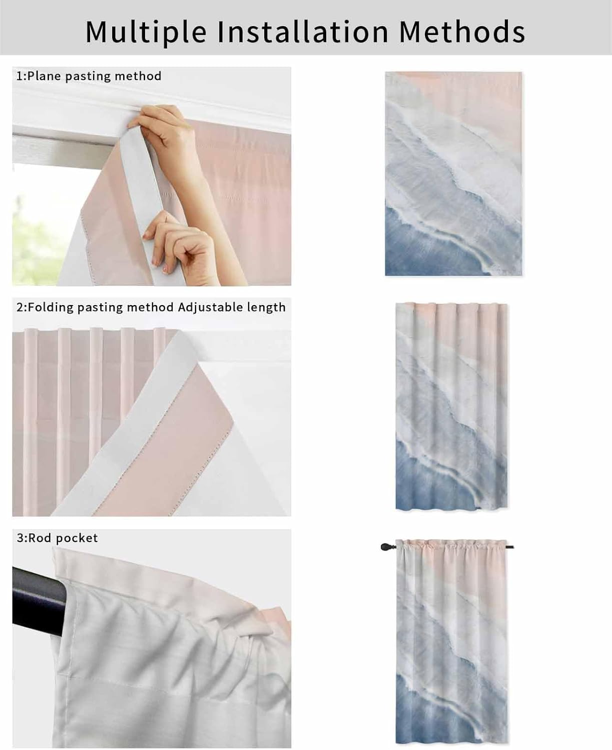 Navy Blue Coastal Wave Self Adhesive Curtains for Windows