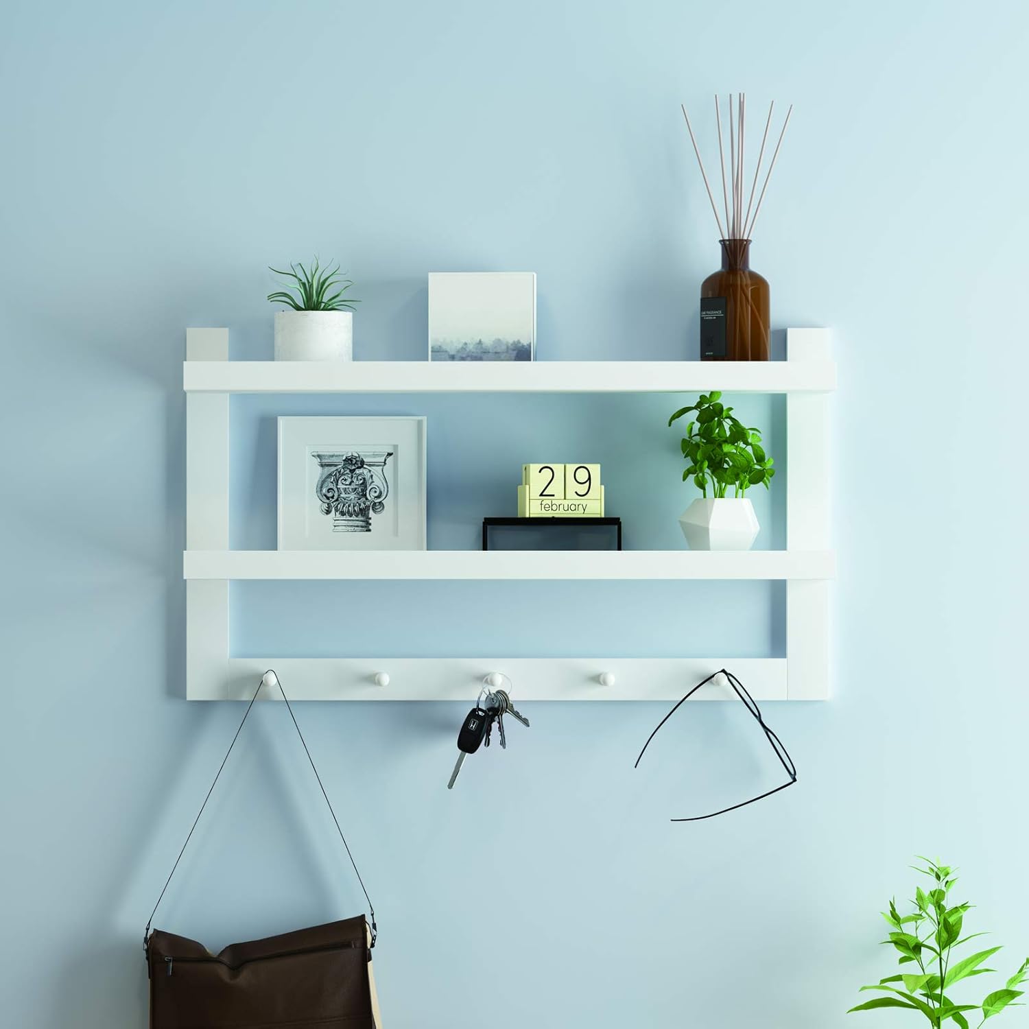 WELLAND 2 Tiers Floating Wall Shelf with 5 Hooks White