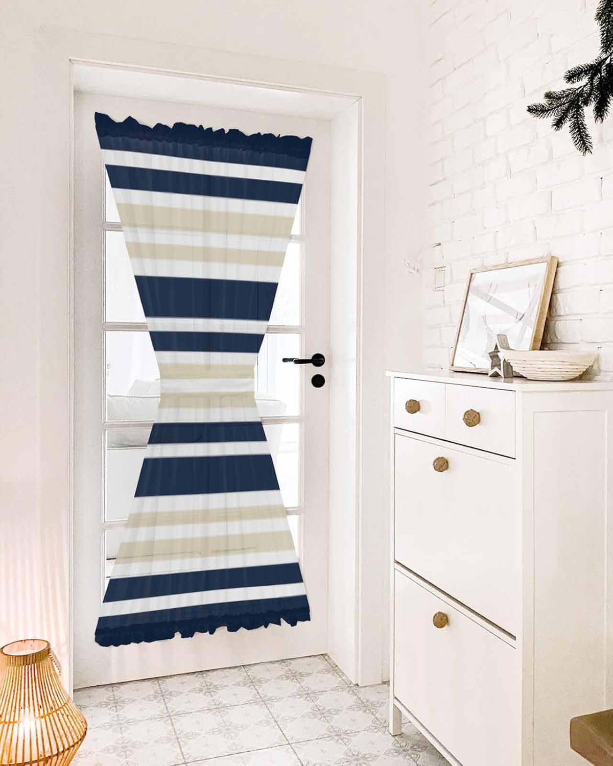 Navy Blue Khaki Striped French Door Curtain Panel