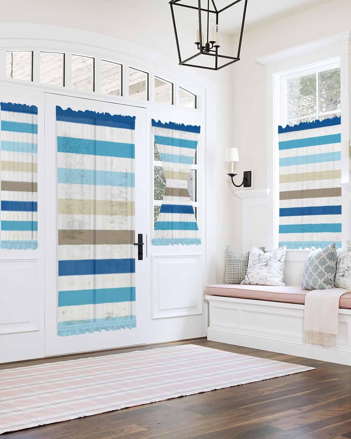 Blue Teal Brown Striped French Door Curtains 54W x 72L