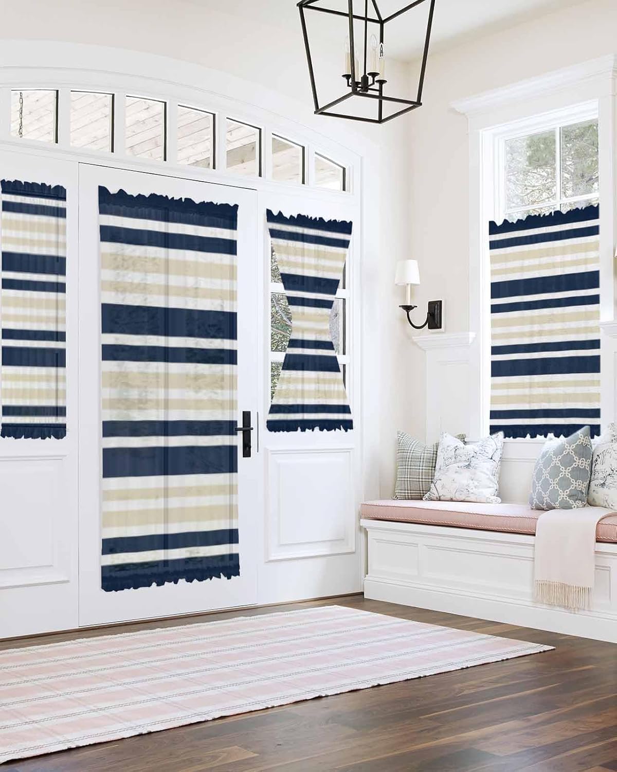 Navy Blue Khaki Striped French Door Curtain Panel