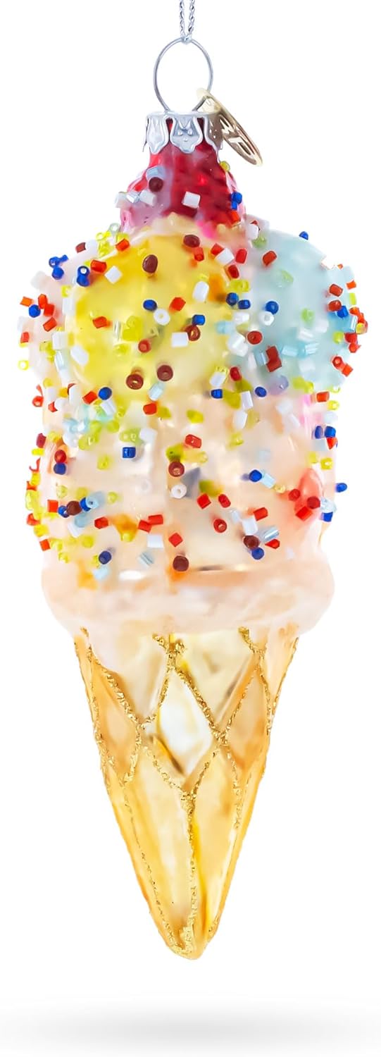 Sprinkled Ice Cream Cone Christmas Glass Ornament