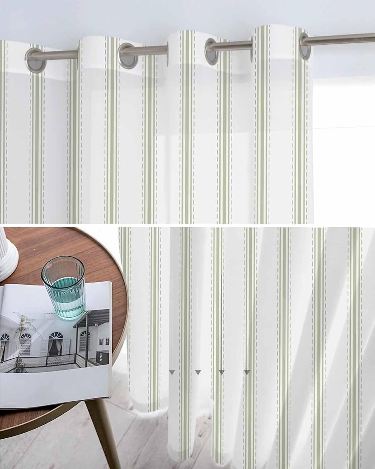 Sage Green Stripes Sheer Curtains 2 Panels Set 72 Inches Long