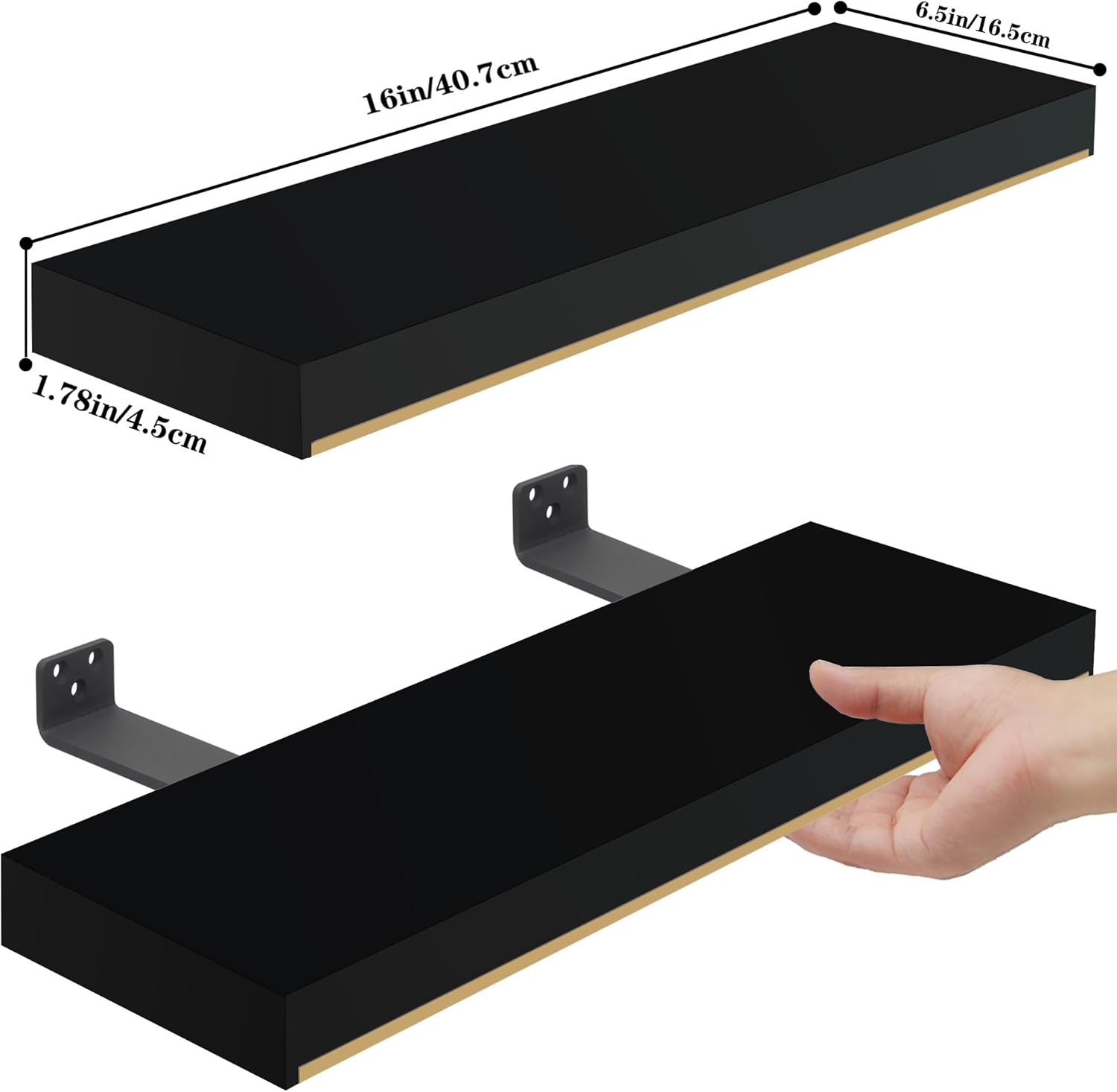 Thick 178 in Black and Gold Floating Shelves Set of 2