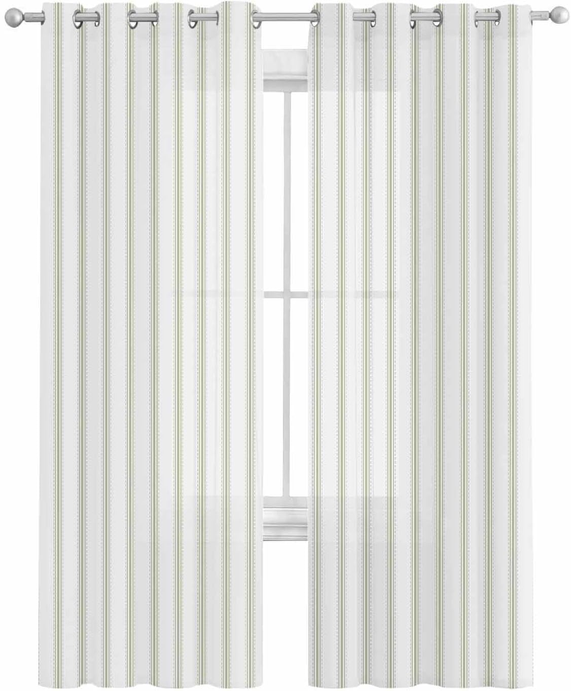 Sage Green Stripes Sheer Curtains 2 Panels Set 72 Inches Long