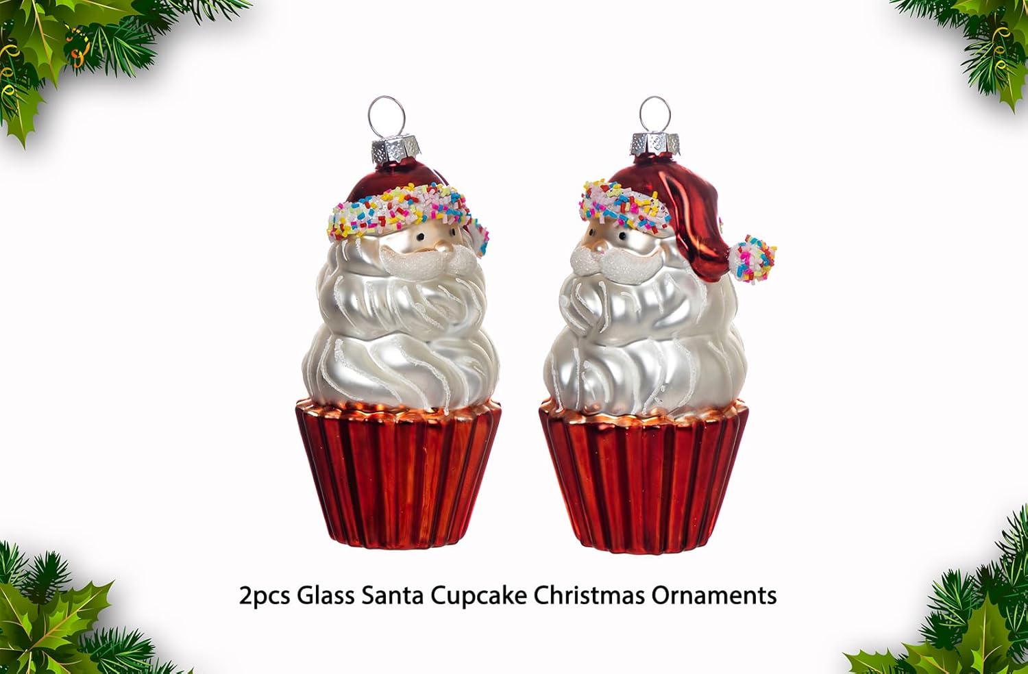 2pcs Blown Glass Santa Cupcake Ornaments for Christmas Tree 1