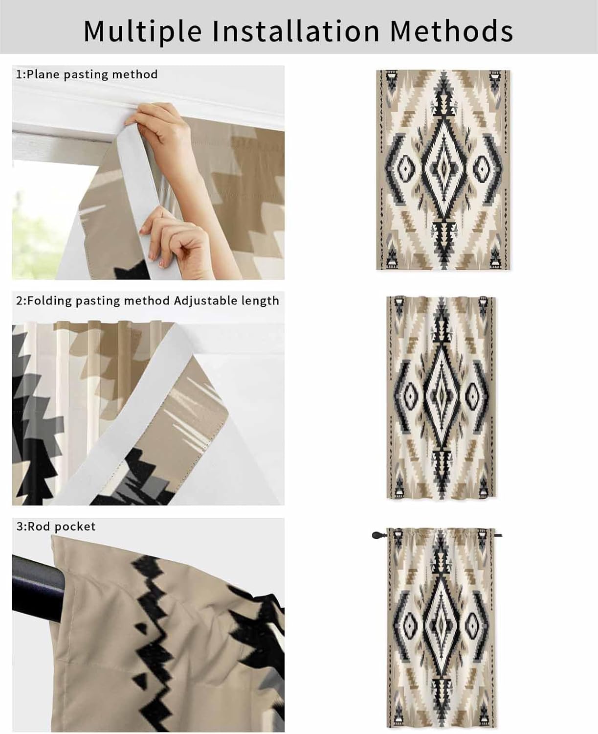 Boho Black Brown Self Adhesive Portable Curtains for Windows