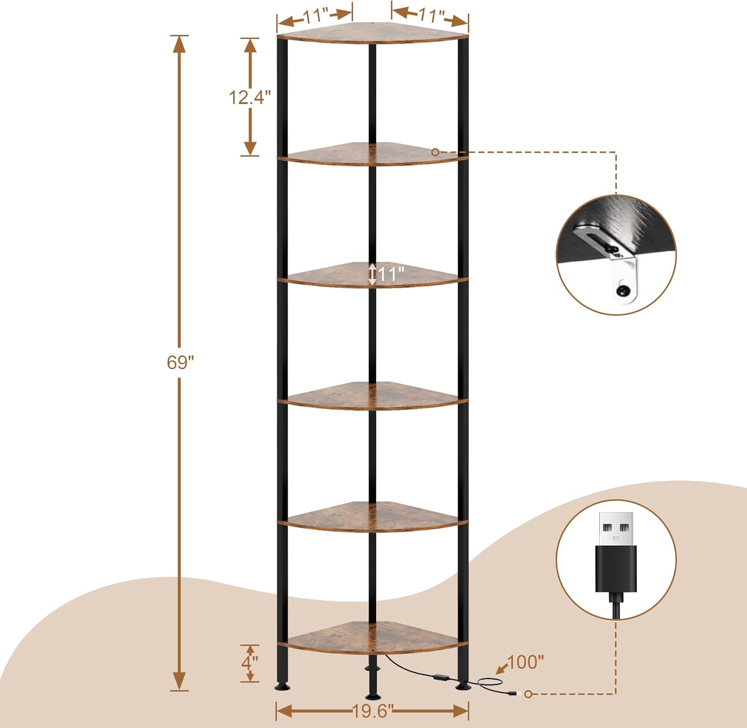 6-Tier Corner Shelf with Light and Storage