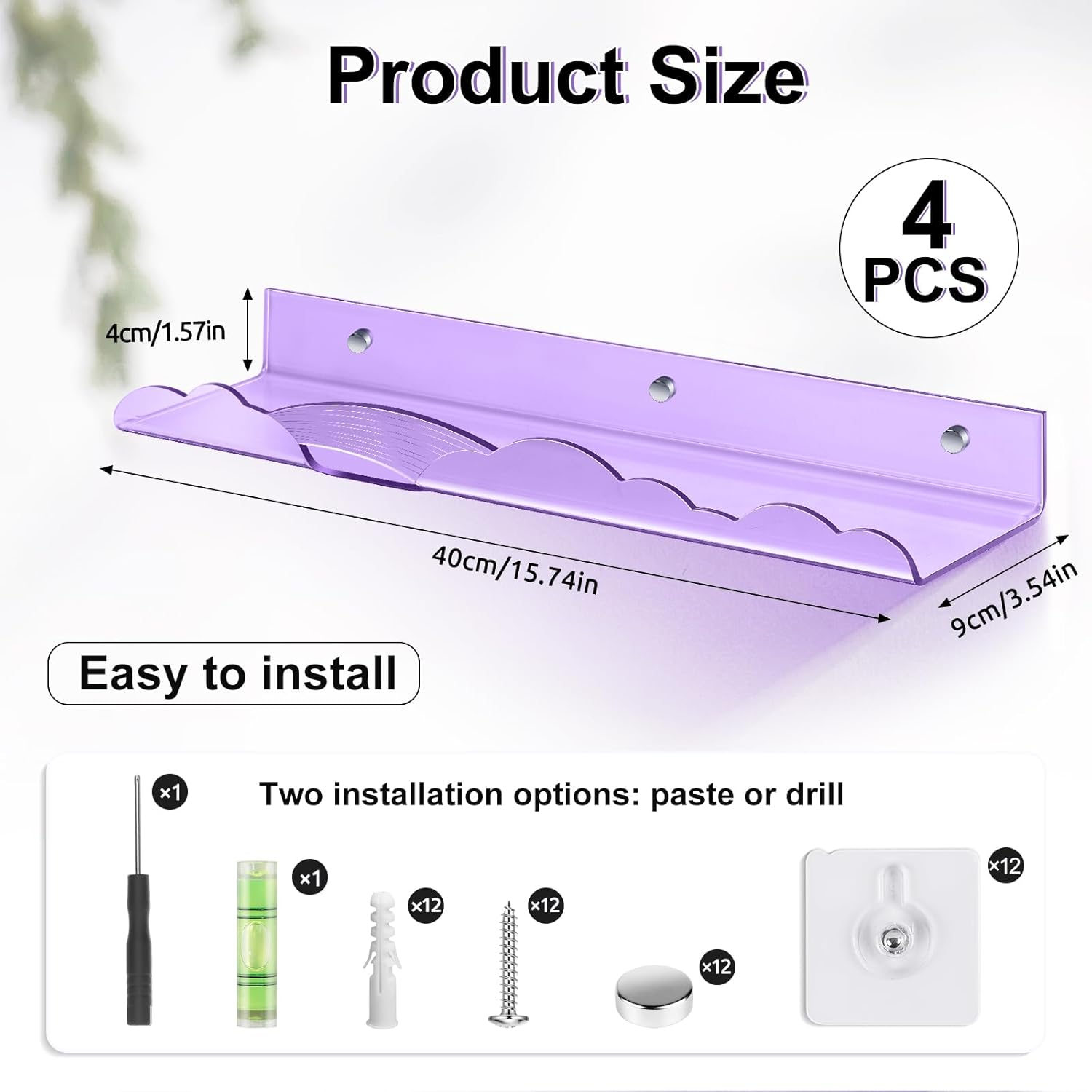 Rainbow Acrylic Floating Shelves 4 Pack Purple