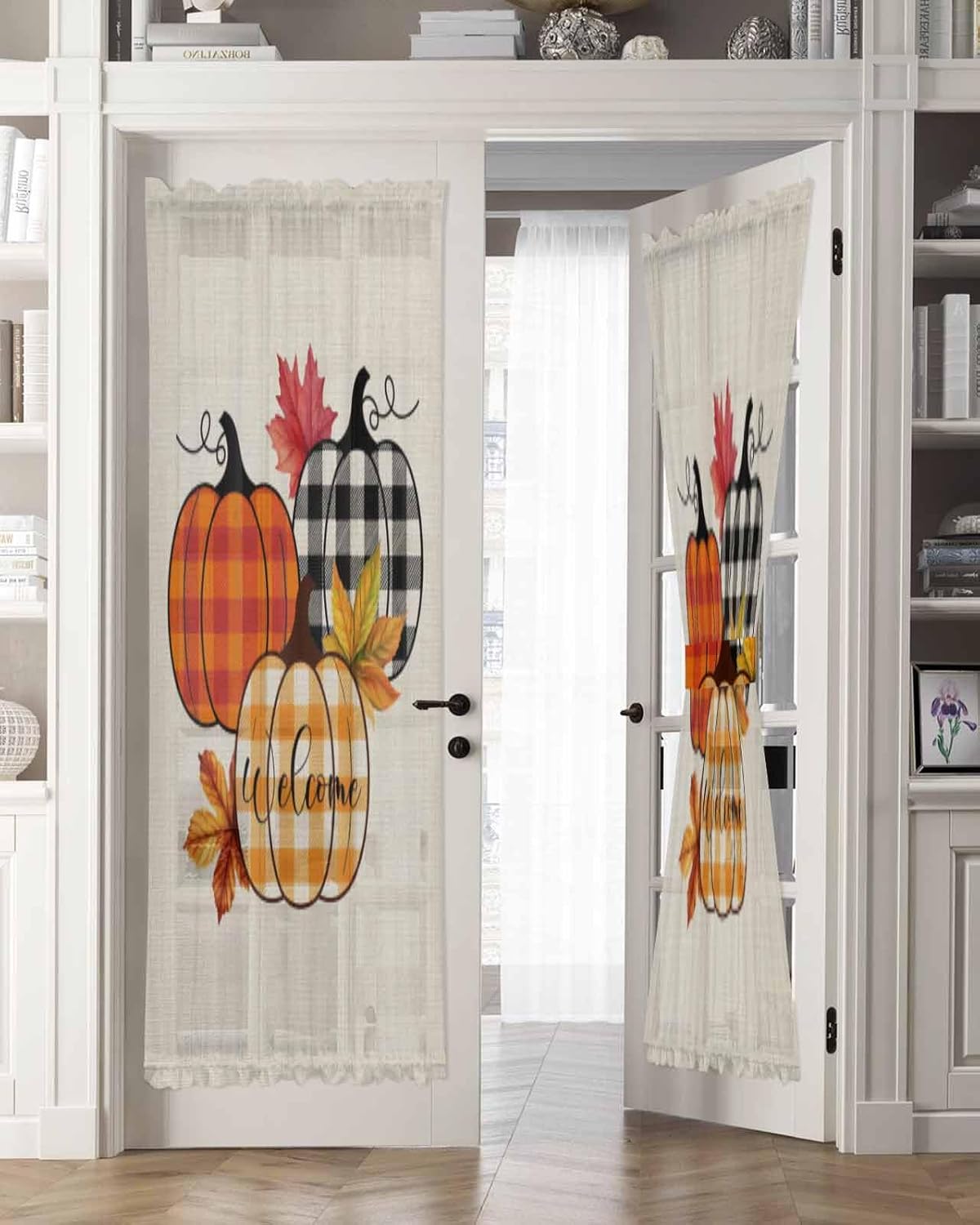 Orange Pumpkins French Door Curtain with Plaid Design