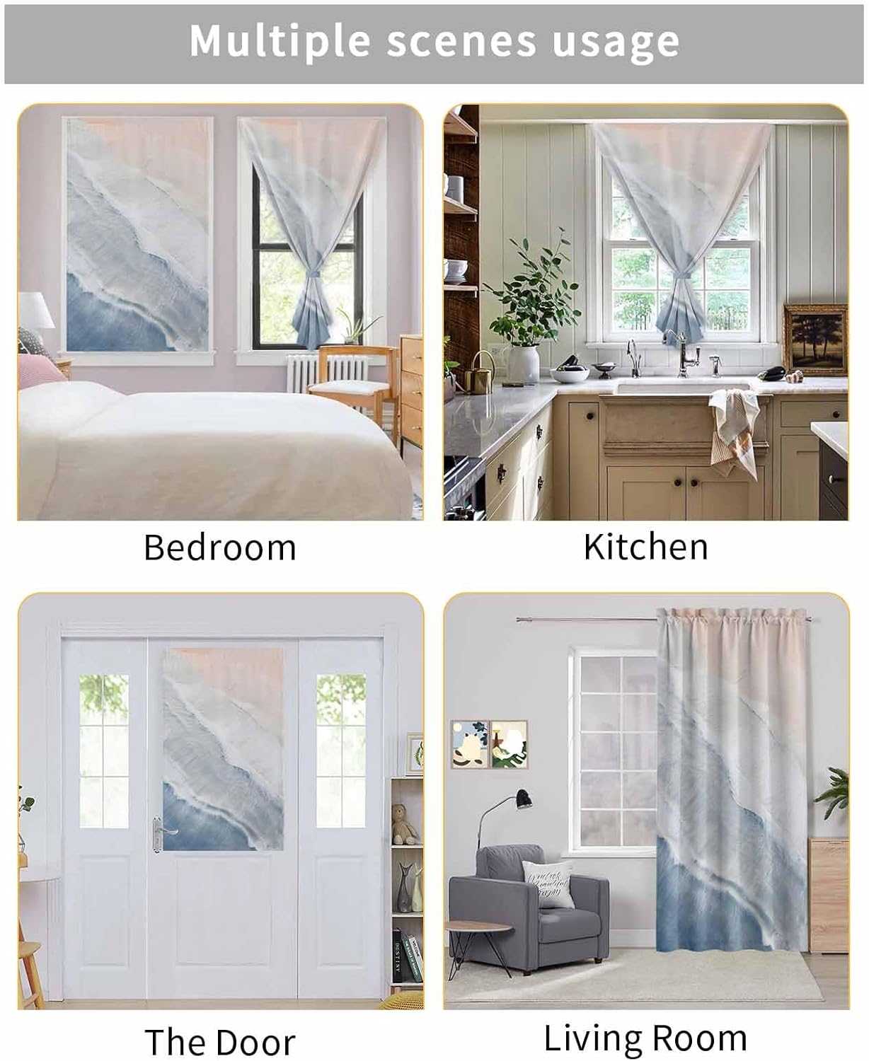 Navy Blue Coastal Wave Self Adhesive Curtains for Windows