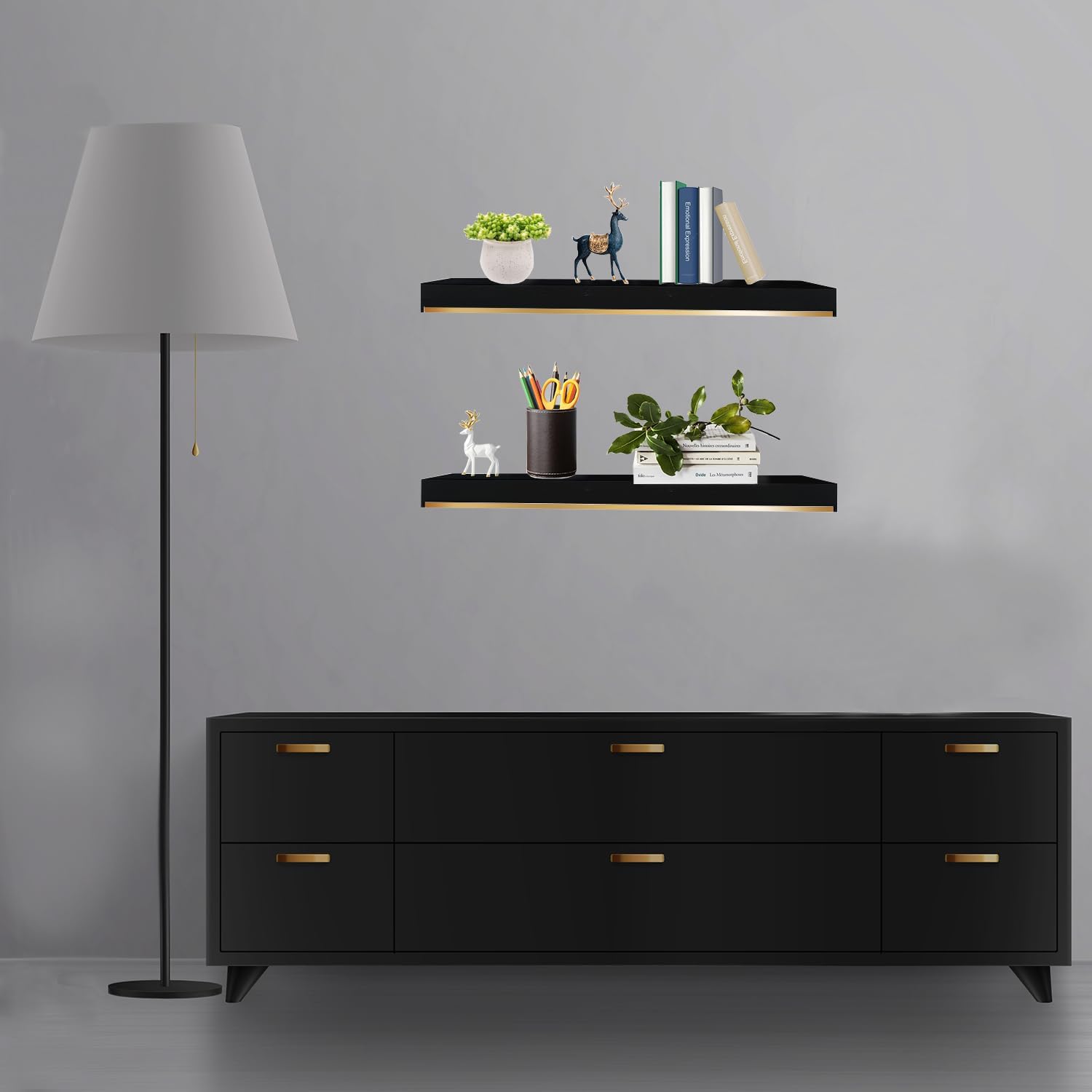 Thick 178 in Black and Gold Floating Shelves Set of 2