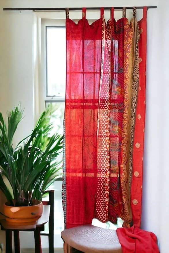 YILLE 1 Pair Silk Sari Curtains with Patchwork Design