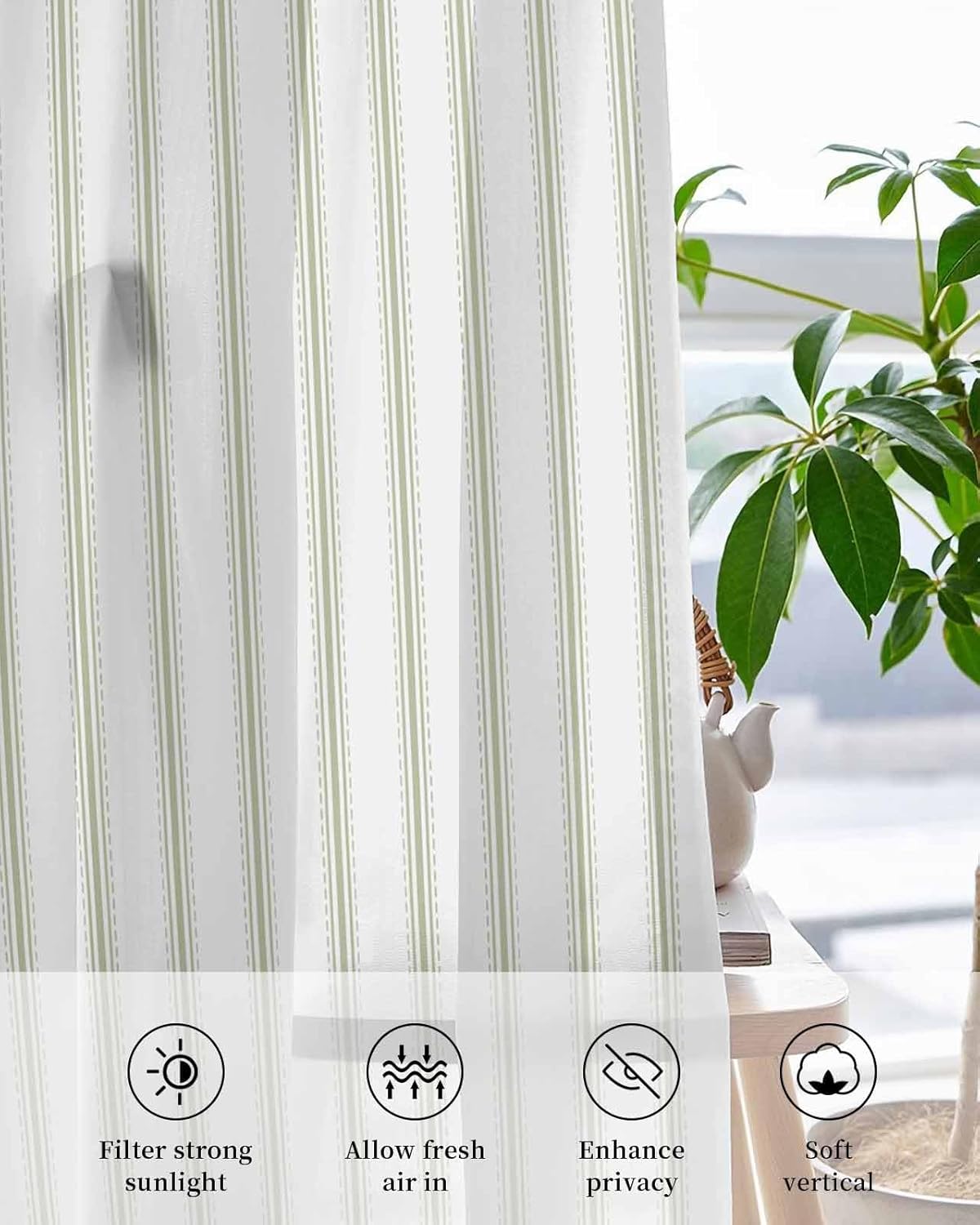 Sage Green Stripes Sheer Curtains 2 Panels Set 72 Inches Long