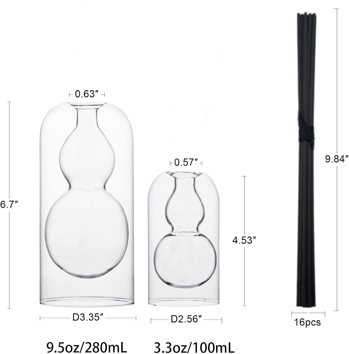 GalDal Empty Glass Fragrance Diffuser Bottles with 16pcs Black Reed Sticks 2pcs Set