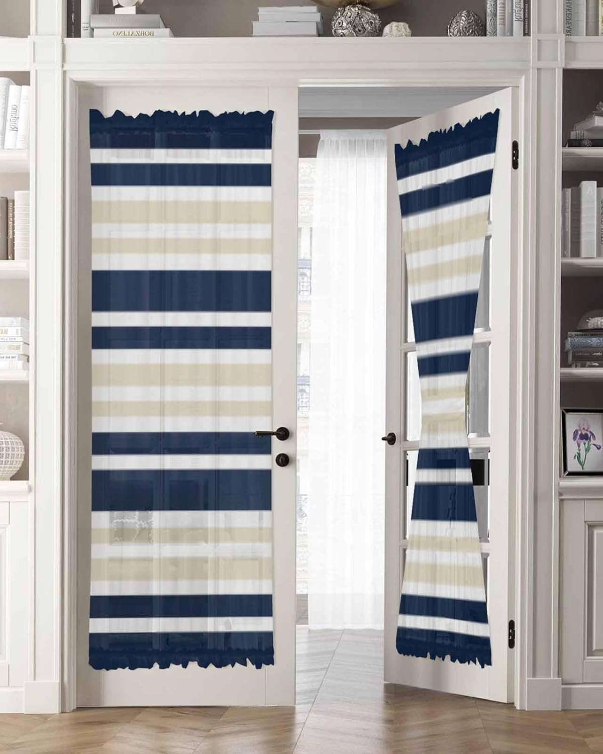 Navy Blue Khaki Striped French Door Curtain Panel