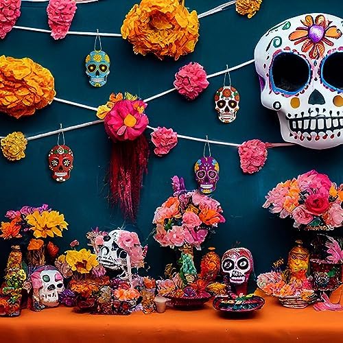 Hoteam 36 Pcs Day of the Dead Skull Wooden Hanging Ornaments