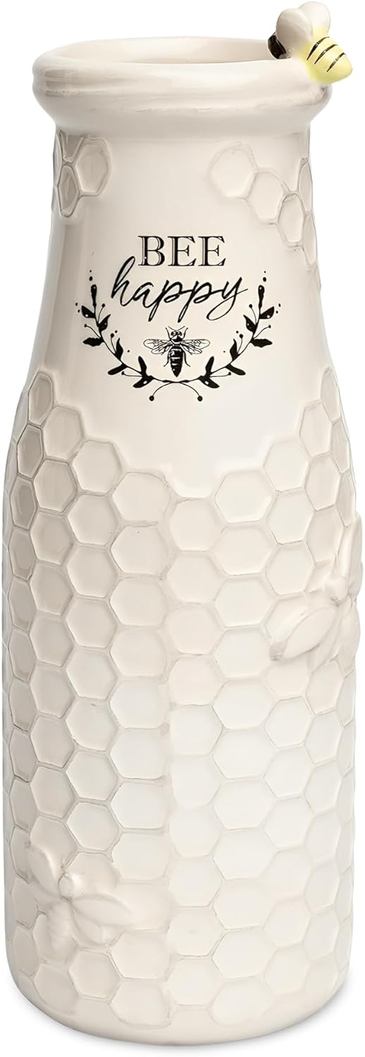Youngs Inc Ceramic Flower Vase Bee Happy White