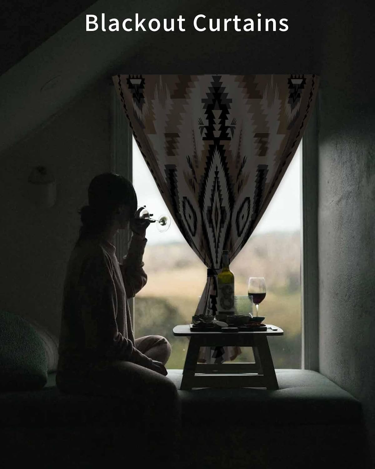 Boho Black Brown Self Adhesive Portable Curtains for Windows
