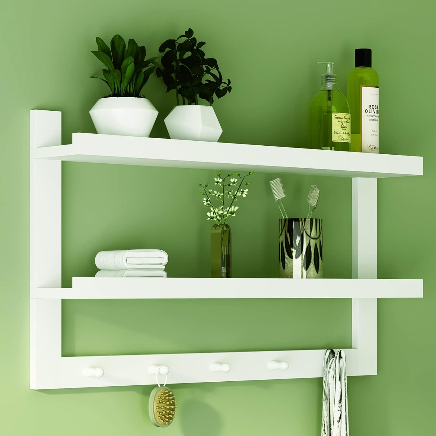 WELLAND 2 Tiers Floating Wall Shelf with 5 Hooks White