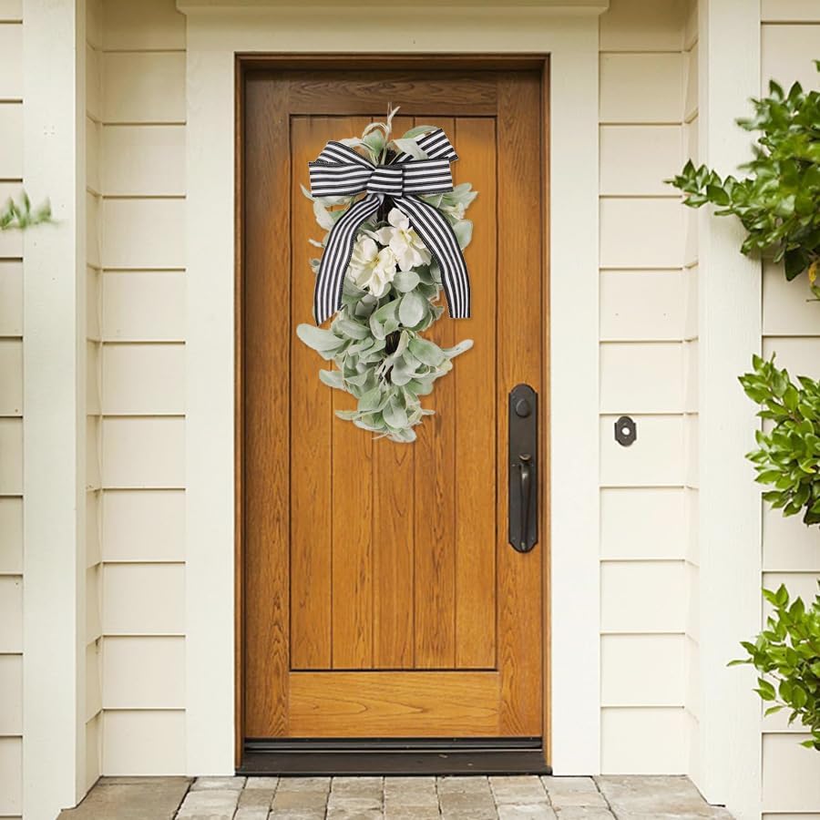 Artificial Eucalyptus Teardrop Wreath with Ribbon