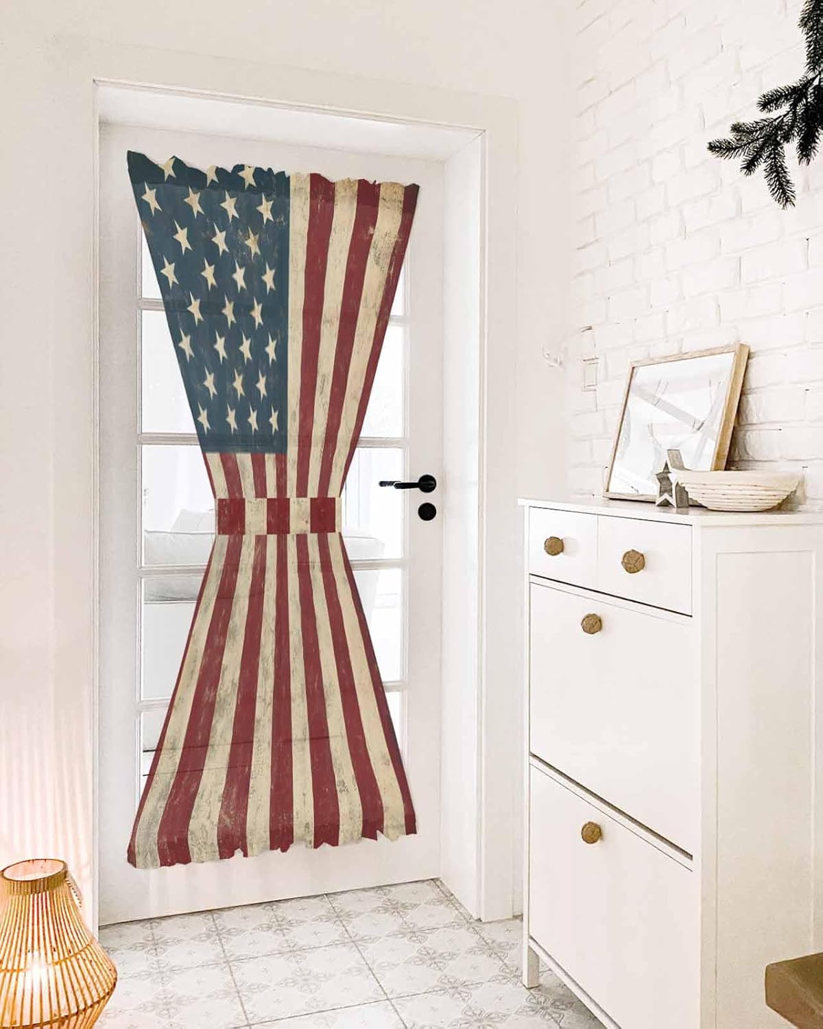 Retro Red Blue American Flag Door Curtain with Tieback