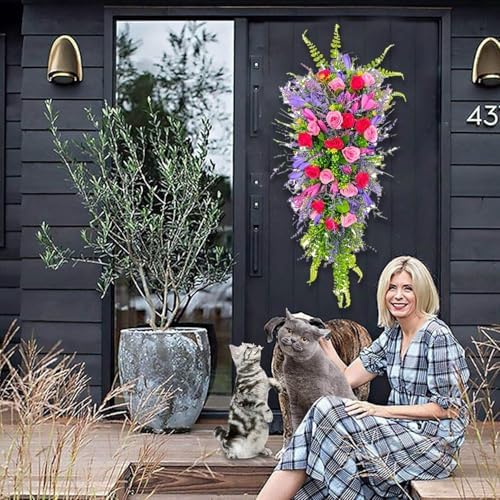 256 Inch Artificial Teardrop Spring Wreath with Flowers and Foliage