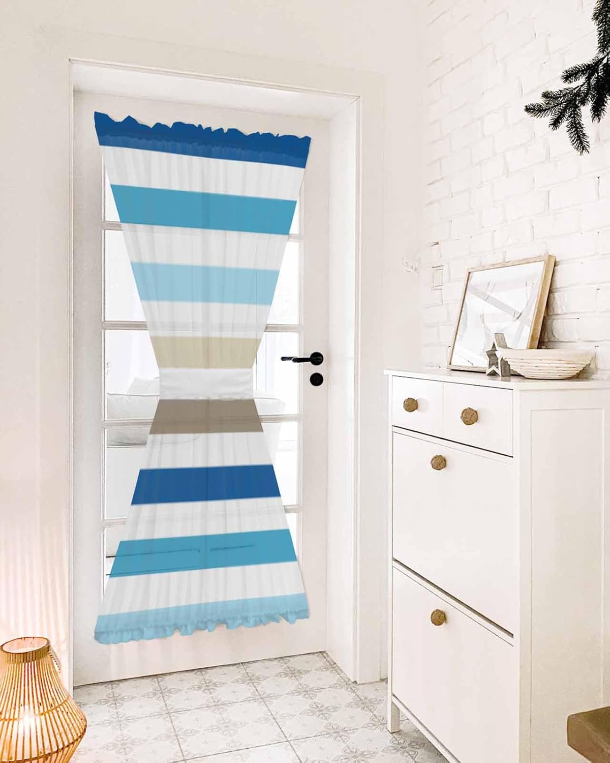 Blue Teal Brown Striped French Door Curtains 54W x 72L